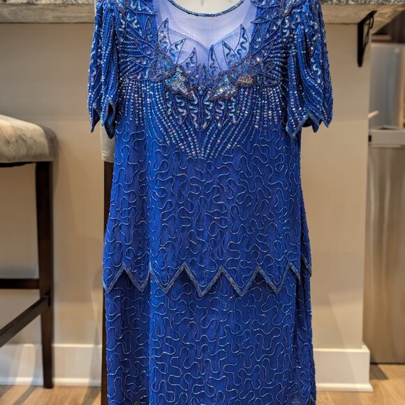 Laurence Kazar New York Beaded Silk Dress – Cobalt Blue (XL) - Picture 1 of 7